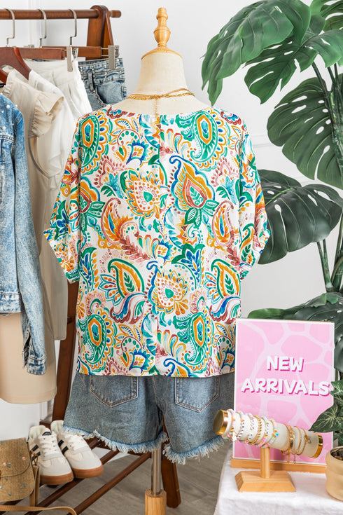 Bohemian Paisley Floral Printed Puff Sleeve Blouse