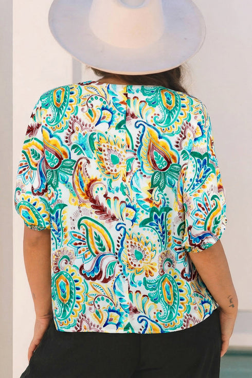 Bohemian Paisley Floral Printed Puff Sleeve Blouse