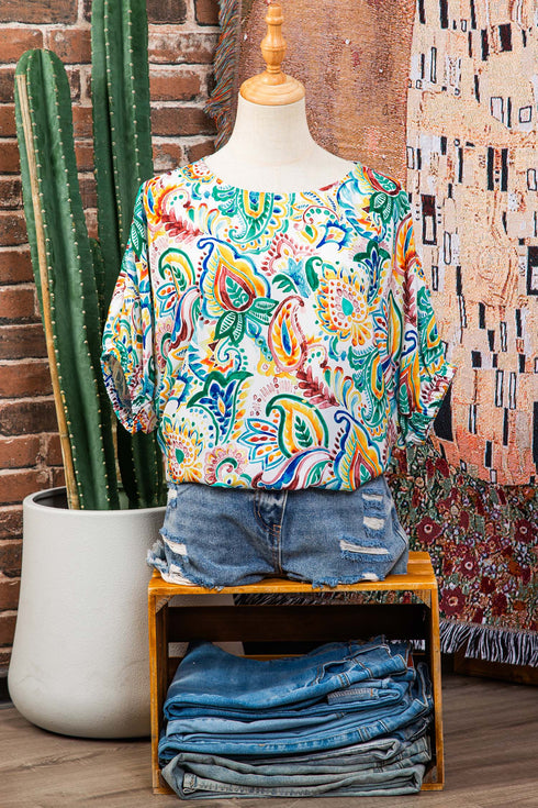 Bohemian Paisley Floral Printed Puff Sleeve Blouse