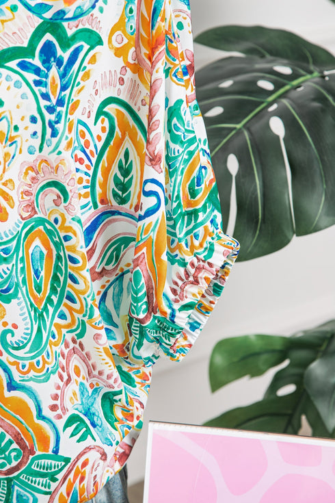 Bohemian Paisley Floral Printed Puff Sleeve Blouse