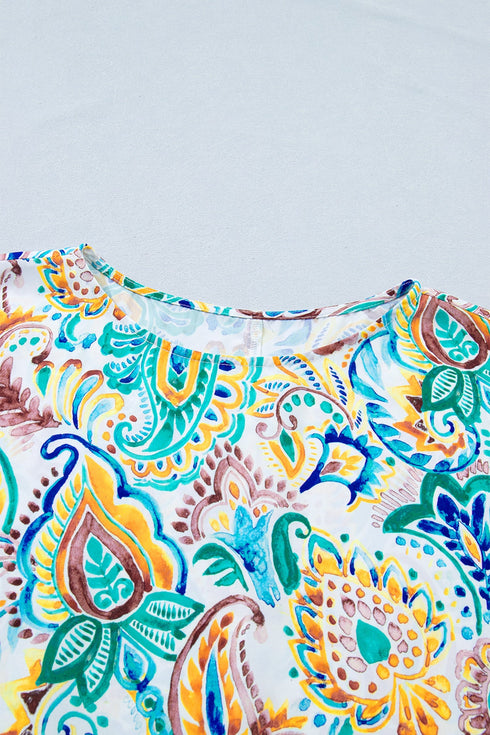 Bohemian Paisley Floral Printed Puff Sleeve Blouse