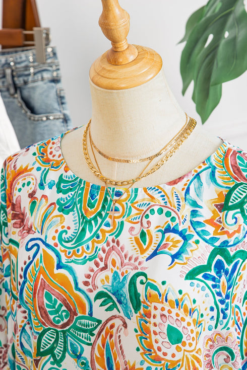 Bohemian Paisley Floral Printed Puff Sleeve Blouse
