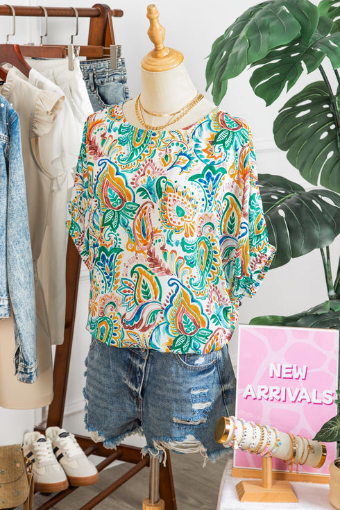 Bohemian Paisley Floral Printed Puff Sleeve Blouse