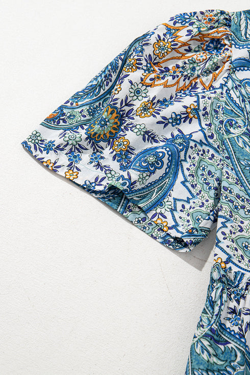 Bohemian Paisley Floral V Neck Short Sleeve Mini Dress