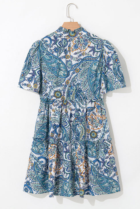 Bohemian Paisley Floral V Neck Short Sleeve Mini Dress