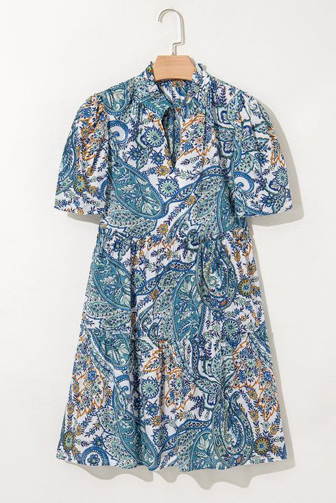 Bohemian Paisley Floral V Neck Short Sleeve Mini Dress