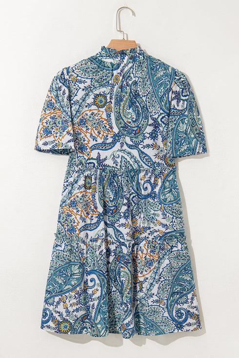 Bohemian Paisley Floral V Neck Short Sleeve Mini Dress