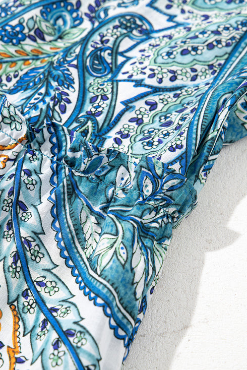 Bohemian Paisley Floral V Neck Short Sleeve Mini Dress