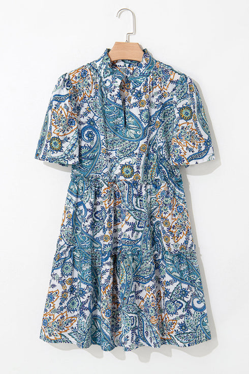 Bohemian Paisley Floral V Neck Short Sleeve Mini Dress