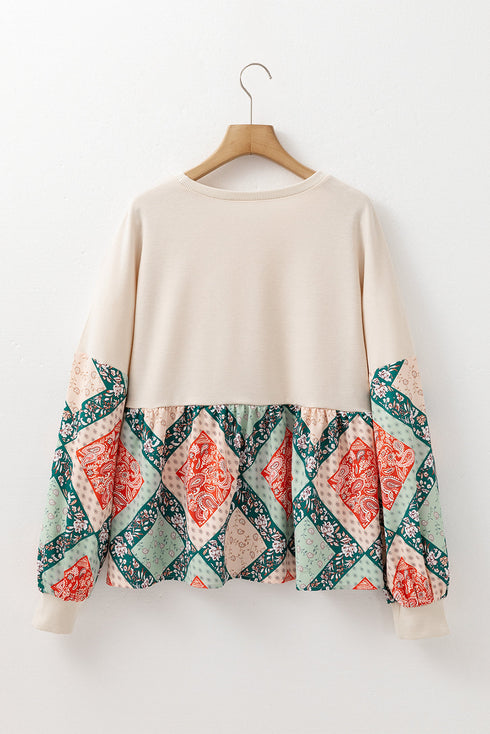 Bohemian Paisley Geometric Patchwork Print Crew Neck Top