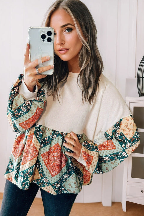 Bohemian Paisley Geometric Patchwork Print Crew Neck Top