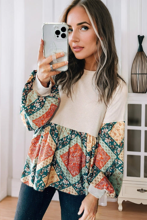 Bohemian Paisley Geometric Patchwork Print Crew Neck Top