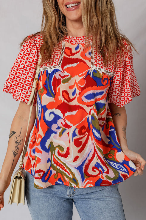 Bohemian Paisley Patchwork Print Puff Sleeve V Neck Blouse
