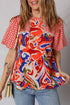 Bohemian Paisley Patchwork Print Puff Sleeve V Neck Blouse
