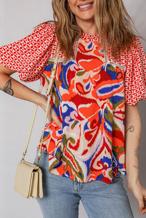 Bohemian Paisley Patchwork Print Puff Sleeve V Neck Blouse