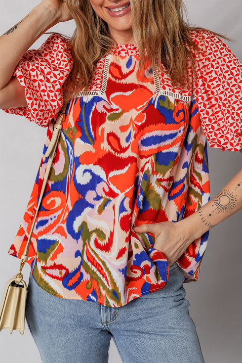Bohemian Paisley Patchwork Print Puff Sleeve V Neck Blouse