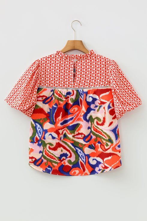 Bohemian Paisley Patchwork Print Puff Sleeve V Neck Blouse