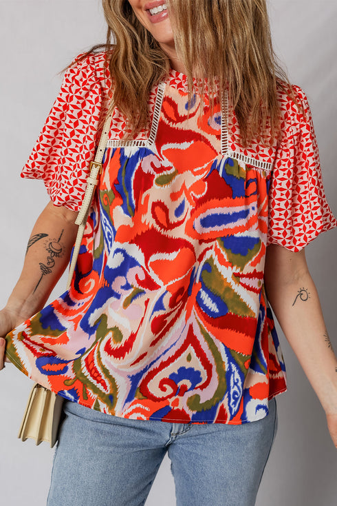 Bohemian Paisley Patchwork Print Puff Sleeve V Neck Blouse