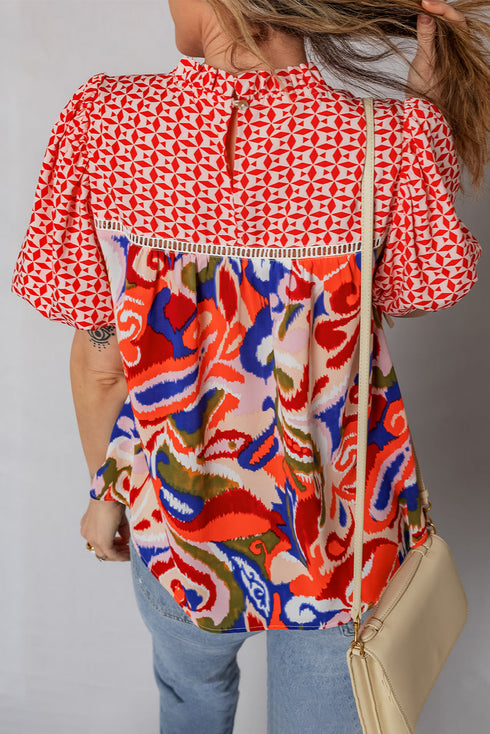 Bohemian Paisley Patchwork Print Puff Sleeve V Neck Blouse