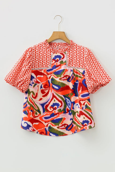 Bohemian Paisley Patchwork Print Puff Sleeve V Neck Blouse