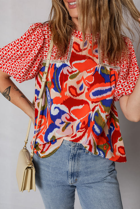 Bohemian Paisley Patchwork Print Puff Sleeve V Neck Blouse
