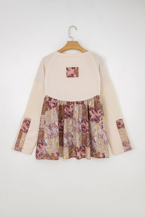 Bohemian Paisley Patchwork Waffle Knit Long Sleeve Top