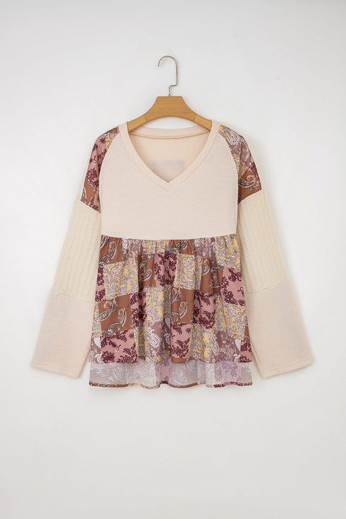 Bohemian Paisley Patchwork Waffle Knit Long Sleeve Top