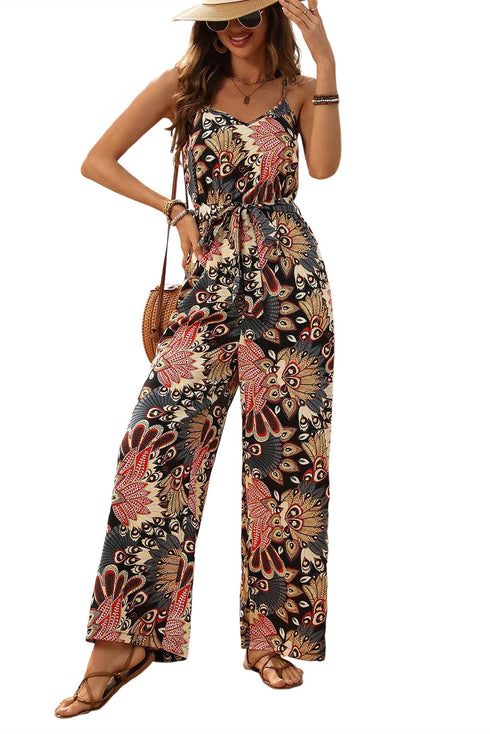 Bohemian Paisley Print Belted Sleeveless Wide Leg Jumpsuit