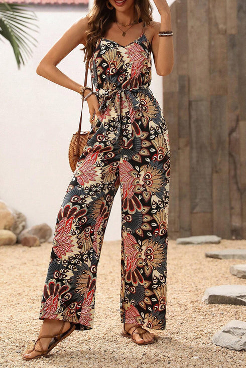 Bohemian Paisley Print Belted Sleeveless Wide Leg Jumpsuit