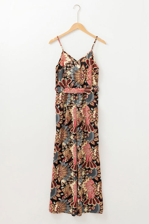 Bohemian Paisley Print Belted Sleeveless Wide Leg Jumpsuit