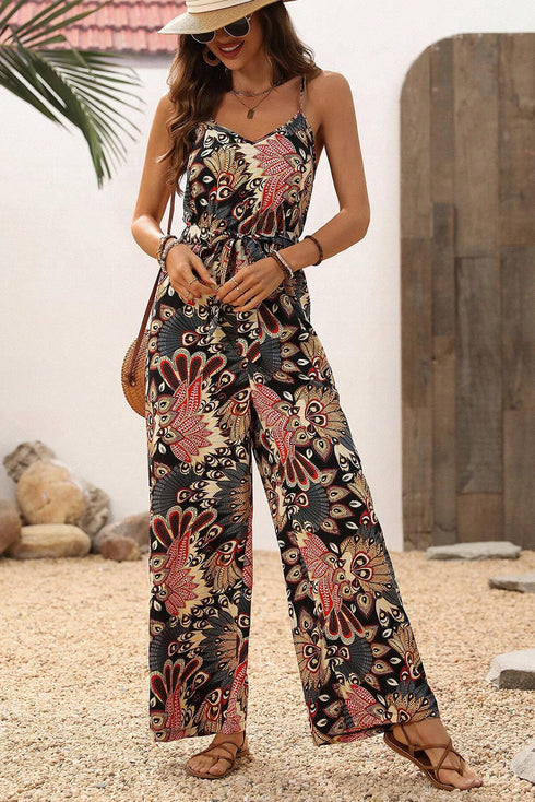 Bohemian Paisley Print Belted Sleeveless Wide Leg Jumpsuit