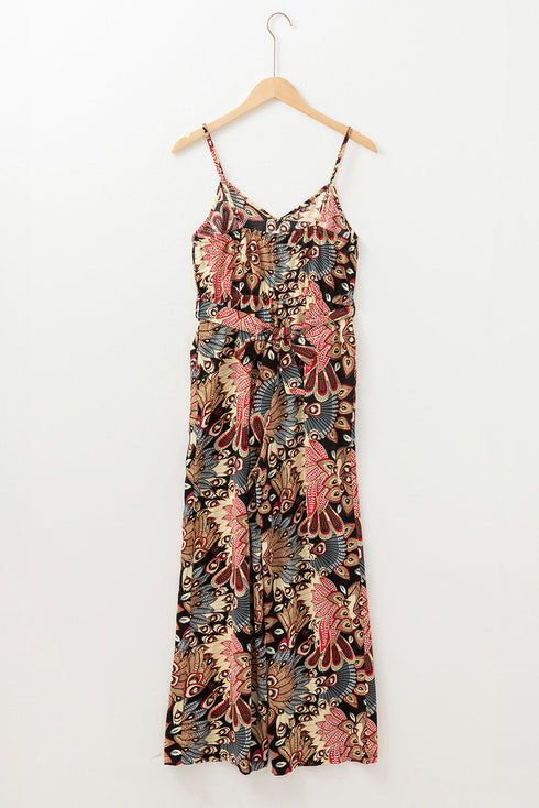 Bohemian Paisley Print Belted Sleeveless Wide Leg Jumpsuit