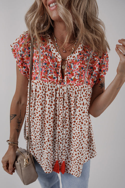 Bohemian Paisley Print Embroidery Detail Split Neck Viscose Blouse