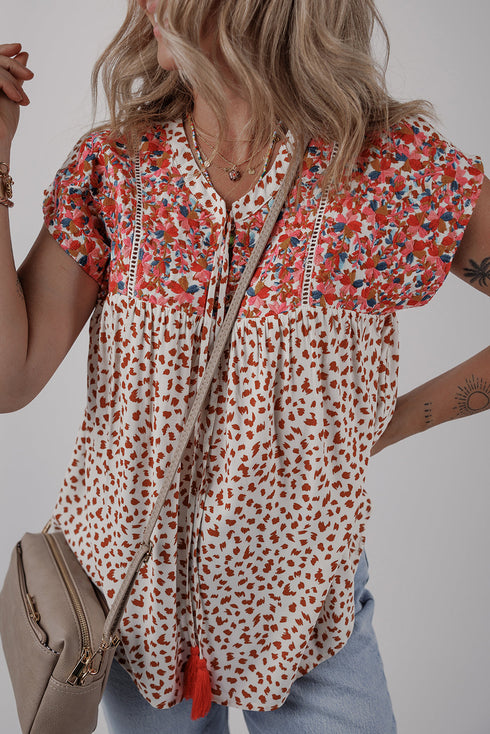 Bohemian Paisley Print Embroidery Detail Split Neck Viscose Blouse