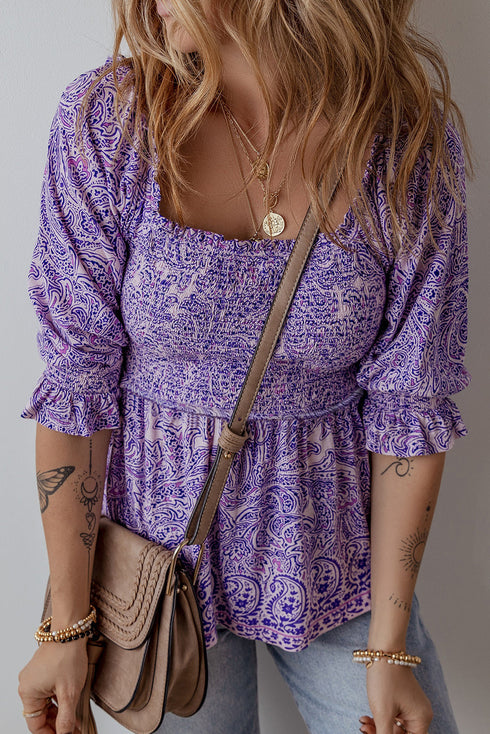 Bohemian Paisley Print Half Sleeve Shirred Peplum Blouse