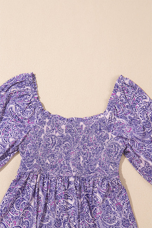 Bohemian Paisley Print Half Sleeve Shirred Peplum Blouse
