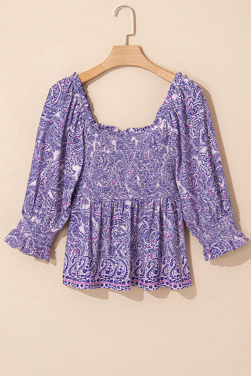Bohemian Paisley Print Half Sleeve Shirred Peplum Blouse
