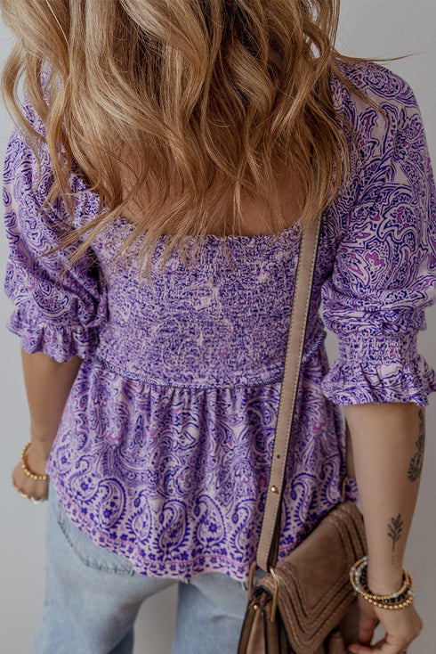 Bohemian Paisley Print Half Sleeve Shirred Peplum Blouse