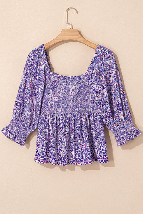 Bohemian Paisley Print Half Sleeve Shirred Peplum Blouse