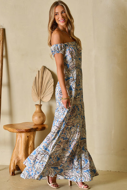 Bohemian Paisley Print Off The Shoulder Tiered Maxi Dress