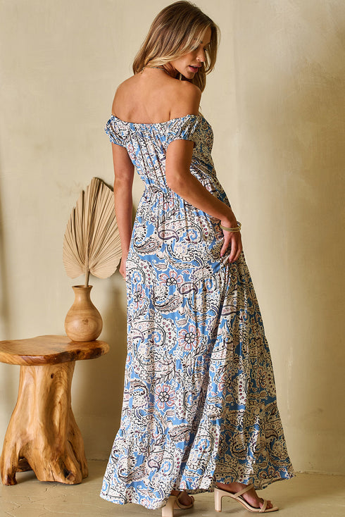Bohemian Paisley Print Off The Shoulder Tiered Maxi Dress