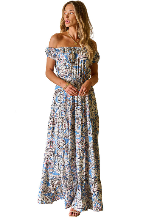 Bohemian Paisley Print Off The Shoulder Tiered Maxi Dress