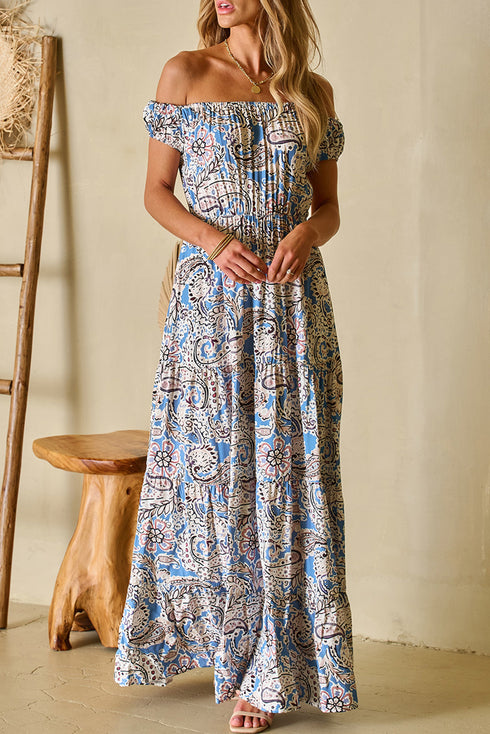 Bohemian Paisley Print Off The Shoulder Tiered Maxi Dress