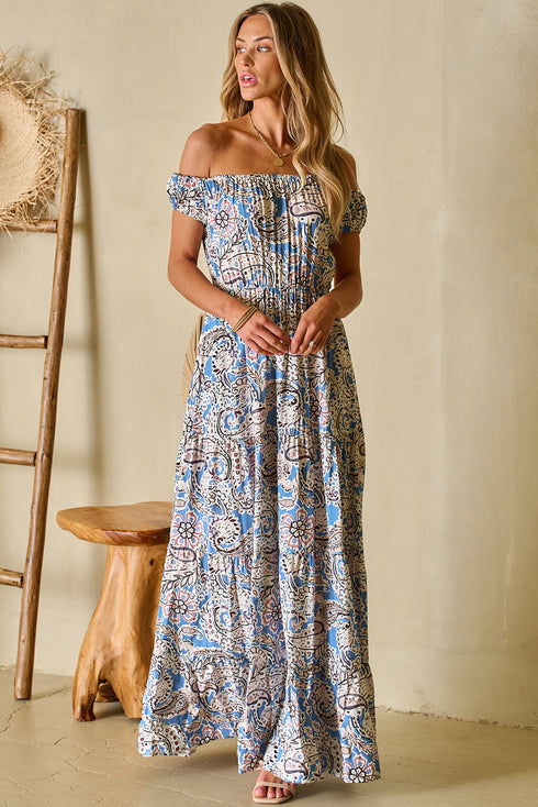 Bohemian Paisley Print Off The Shoulder Tiered Maxi Dress
