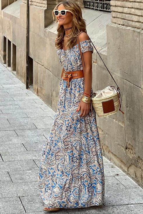 Bohemian Paisley Print Off The Shoulder Tiered Maxi Dress