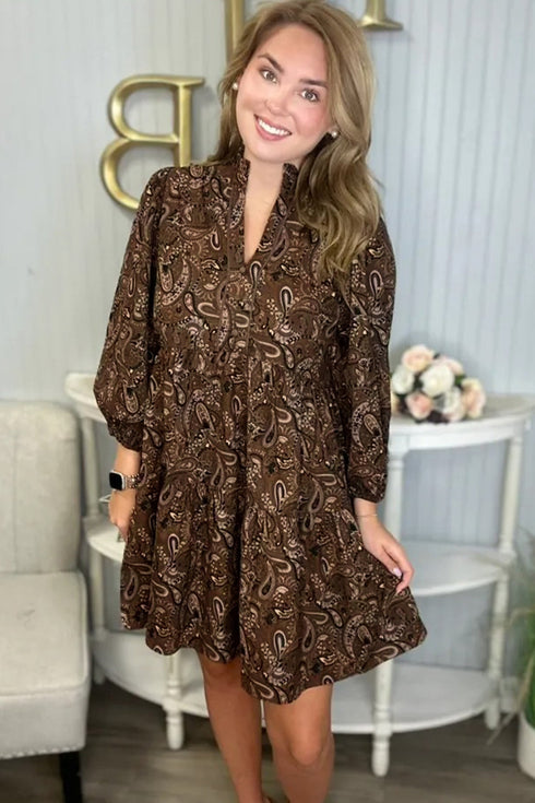 Bohemian Paisley Print Puff Sleeve A Line Mini Dress