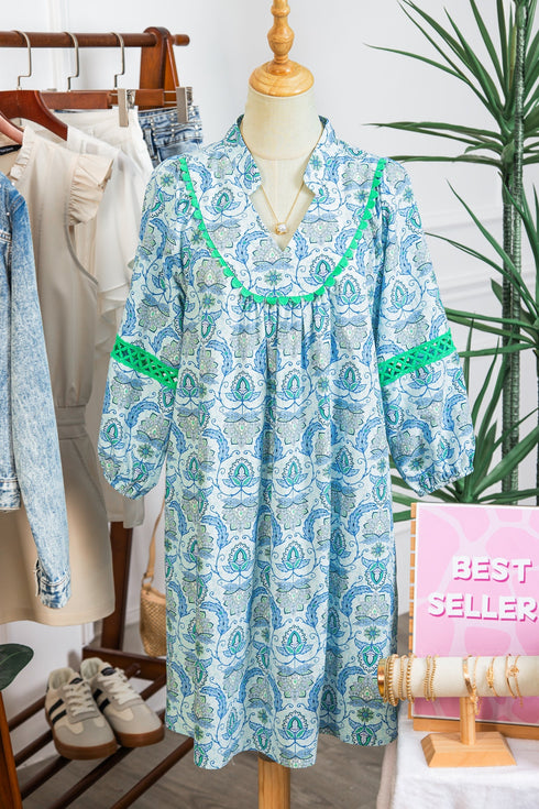 Bohemian Paisley Print Rick Rack Patchwork Loose Mini Dress