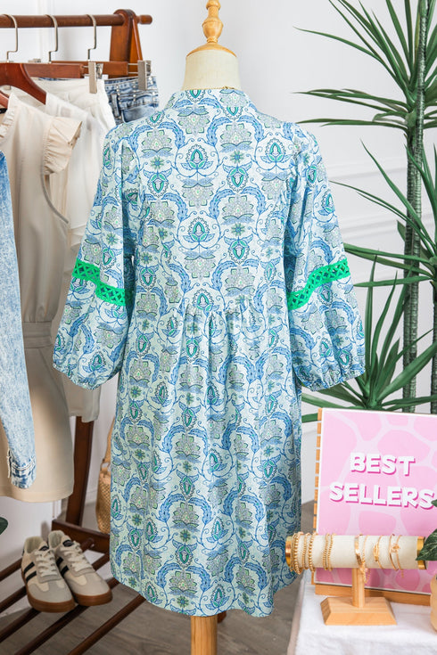 Bohemian Paisley Print Rick Rack Patchwork Loose Mini Dress