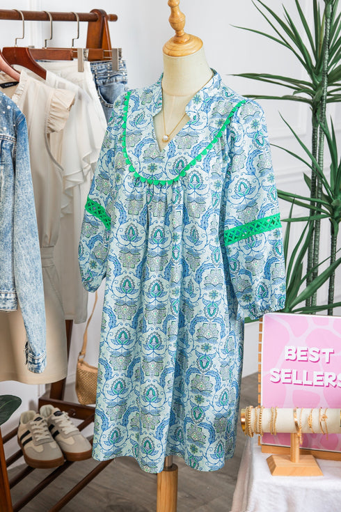 Bohemian Paisley Print Rick Rack Patchwork Loose Mini Dress