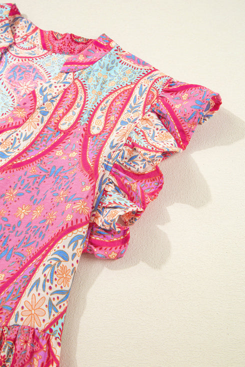 Bohemian Paisley Print Ruffled Notch Neck Floral Dress